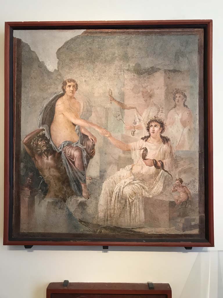 VIII.7.28 Pompeii. June 2019. Detail of Io, Isis and sea deity, at Canopus. 
Found in the centre of the south wall of the Ekklesiasterion in November 1765. 
Now in Naples Archaeological Museum. Inventory number 9558.  Photo courtesy of Buzz Ferebee. 
