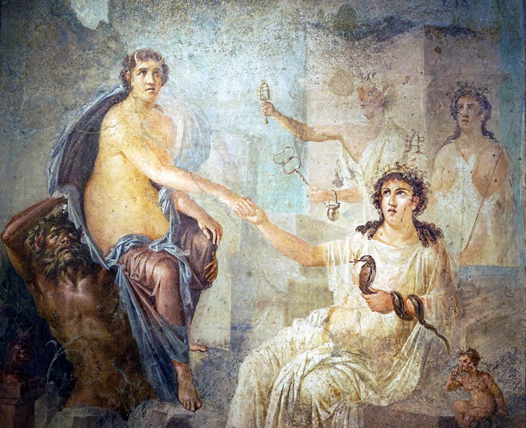 VIII.7.28 Pompeii. June 2019. Detail of Isis offering her right hand to Io and holding a cobra in her left.  
Found in the centre of the south wall of the Ekklesiasterion in November 1765. 
Now in Naples Archaeological Museum. Inventory number 9558.  Photo courtesy of Buzz Ferebee. 

