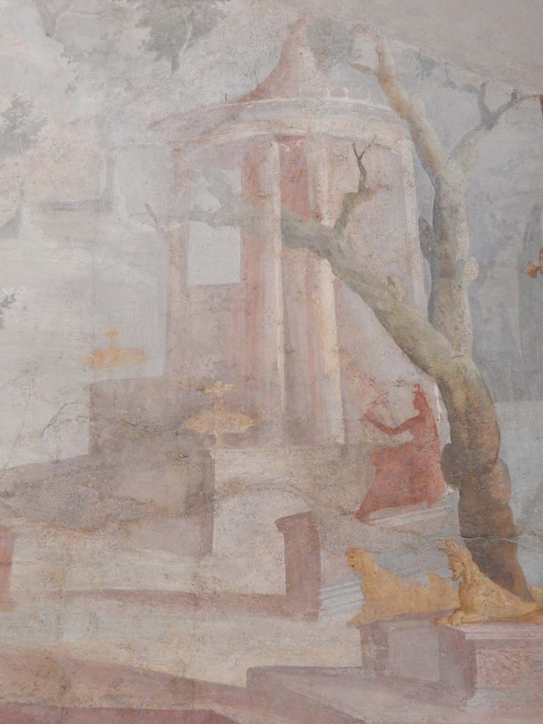 VIII.7.28 Pompeii. June 2019. Detail of painting showing temple and statues, seen through an architectural scene.
Found on the left area of the west wall of the Ekklesiasterion. Photo courtesy of Buzz Ferebee.
