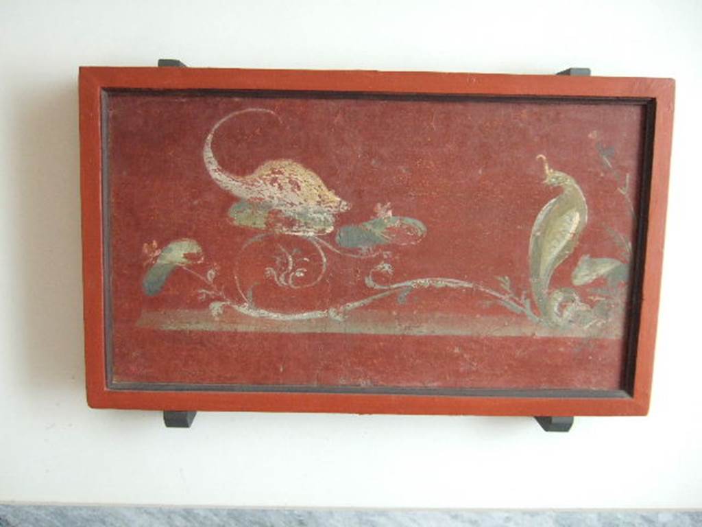 VIII.7.28 Pompeii. Painted panel from zoccolo in centre of west wall, showing a cobra and mongoose. Now in Naples Archaeological Museum. Inventory number s. n. 3.
