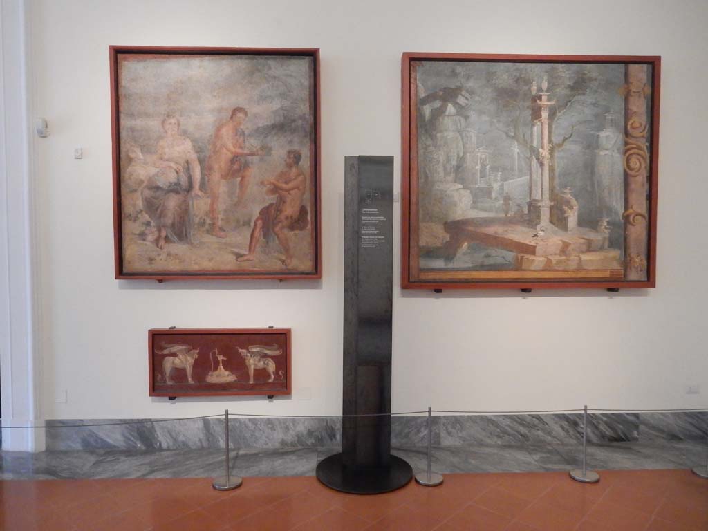 VIII.7.28 Pompeii. June 2019. Arrangement of paintings on wall in Museum. Photo courtesy of Buzz Ferebee.

