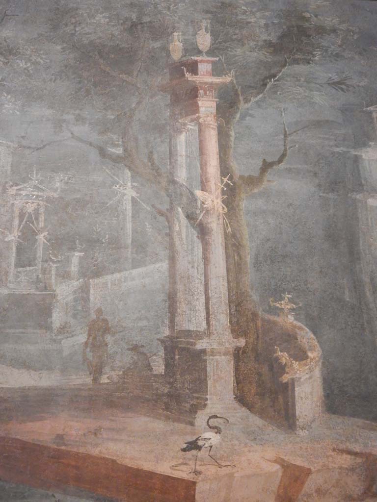 VIII.7.28 Pompeii. June 2019. Detail of temple, statue, fisherman and ibis.
Photo courtesy of Buzz Ferebee.
