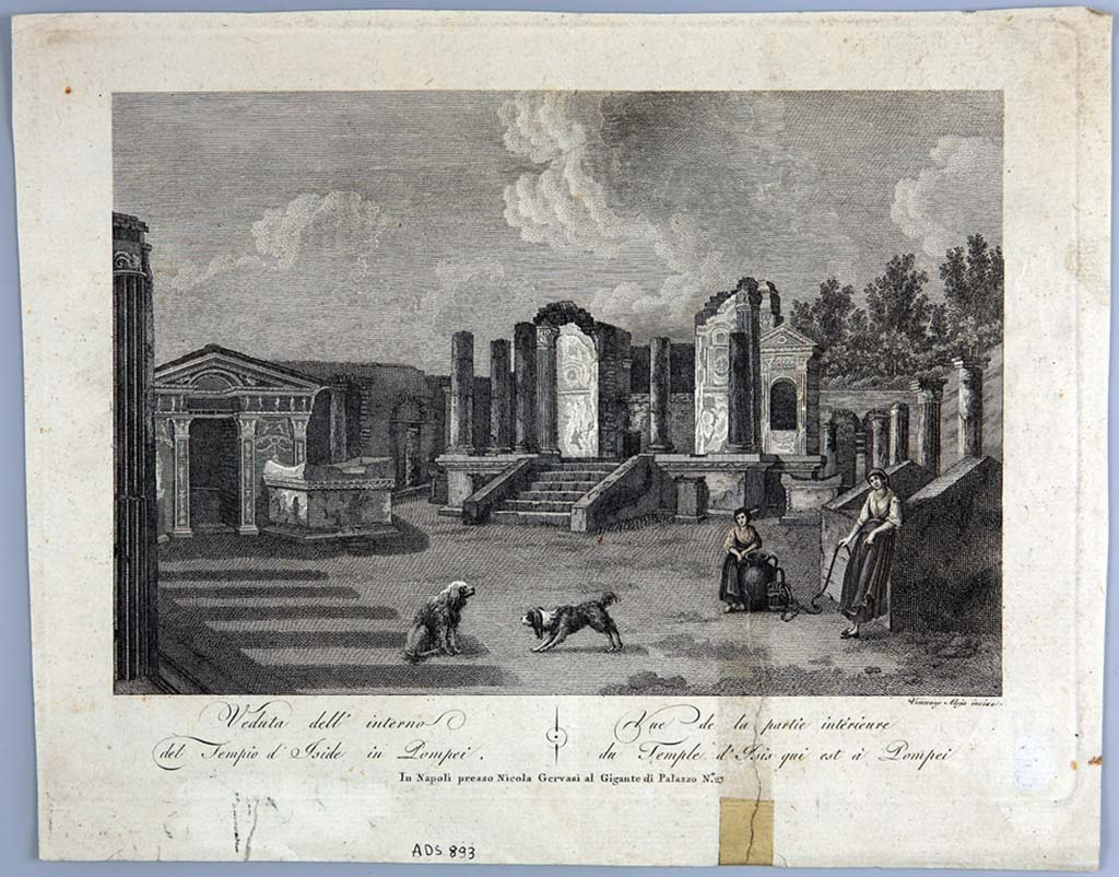 VIII.7.28 Pompeii. Between 1840 and 1860? Engraving by Vincenzo Aloja of view of temple area showing the pit. 
The pit is enclosed by four walls with pitched roof ends.
Now in Naples Archaeological Museum. Inventory number ADS 893.
Photo © ICCD. https://www.catalogo.beniculturali.it
Utilizzabili alle condizioni della licenza Attribuzione - Non commerciale - Condividi allo stesso modo 2.5 Italia (CC BY-NC-SA 2.5 IT)

