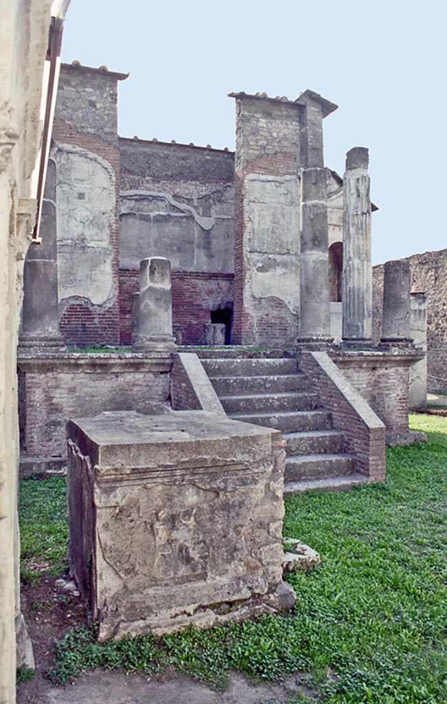 VIII.7.28 Pompeii. October 2001. 
Looking across altar towards temple steps leading up to portico and cella.
Photo courtesy of Peter Woods.
