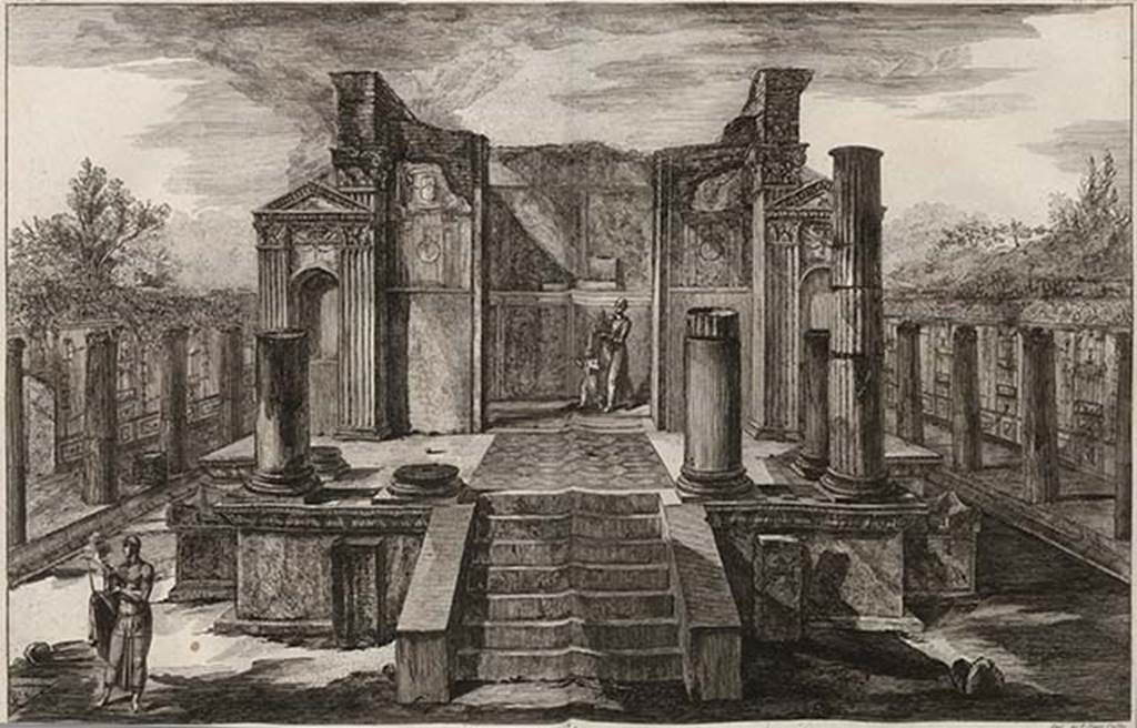 VIII.7.28 Pompeii. 1804 drawing by Piranesi of temple front view, showing also the portico mosaic. 
See Piranesi, F, 1804. Antiquites de la Grande Grece: Tome II. Paris: Piranesi and Le Blanc, pl. LXVI.

