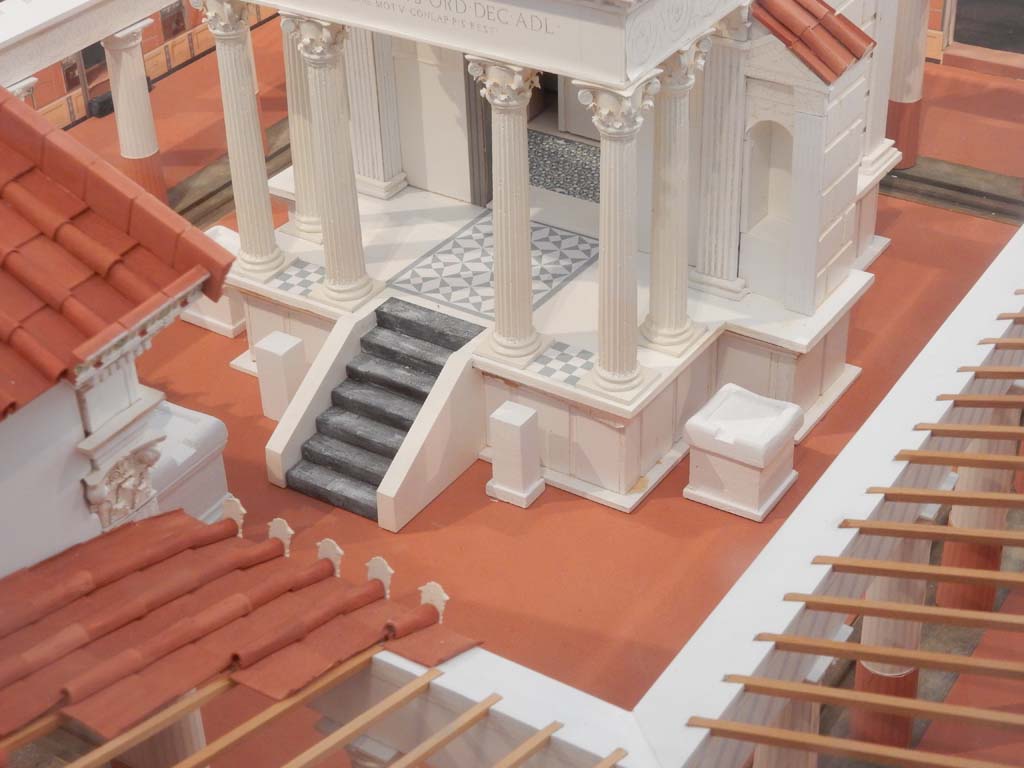 VIII.7.28 Pompeii. June 2019. Looking towards steps to portico and cella. Model now in Naples Archaeological Museum.
Photo courtesy of Buzz Ferebee.

