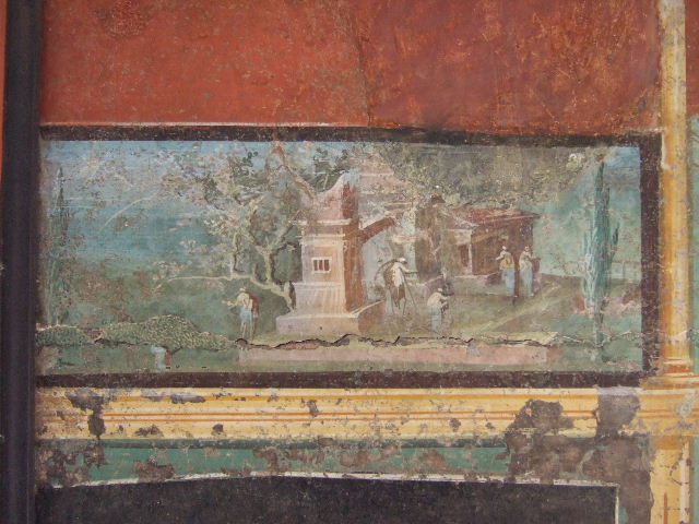 VIII.7.28 Pompeii.  Detail of architectural landscape from panel with landscape and architecture.  Found in central feature of south wall.  Now in Naples Archaeological Museum.
