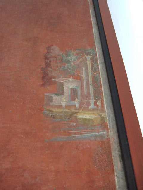 VIII.7.28 Pompeii.  Detail of architectural landscape from panel with landscape and architecture. Found in central feature of south wall.  Now in Naples Archaeological Museum.
