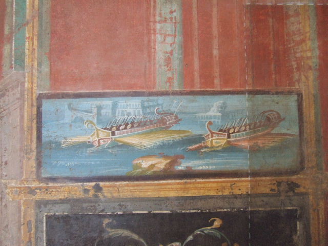 VIII.7.28 Pompeii. April 2019. Painted panels from south portico.
On the left is an architectural panel with naval scene.
Now in Naples Archaeological Museum. Inventory number 8541.
On the right is a priestess shaking a sistrum.
Now in Naples Archaeological Museum. Inventory number 8923.
Photo courtesy of Rick Bauer.
