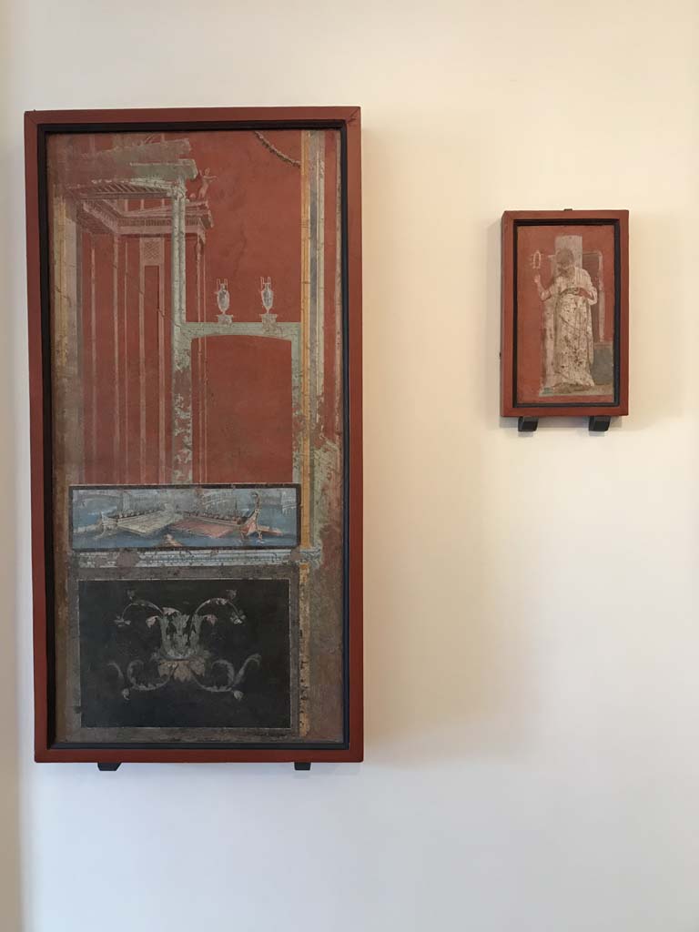 VIII.7.28 Pompeii. Location not recorded but possibly from south wall of portico. 
Top left is a fresco with a continuous sequence of scrolls and acanthus scrolls.
Now in Naples Archaeological Museum. Inventory number 8550.

