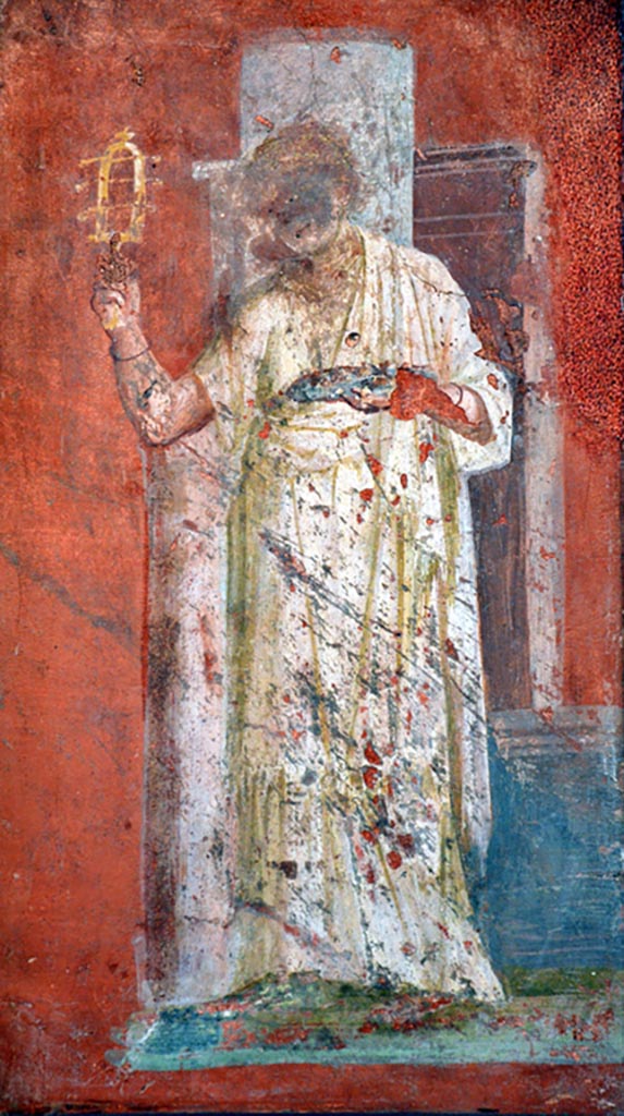VIII.7.28 Pompeii.  Painted panel with architecture and naval scene.
Now in Naples Archaeological Museum.
