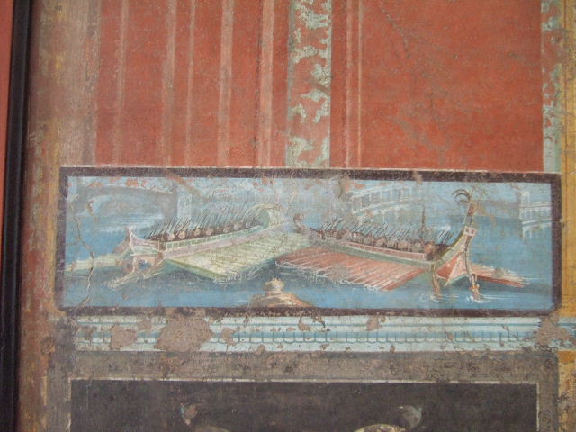 VIII.7.28 Pompeii.  Painted panel with architecture with a landscape scene.
Now in Naples Archaeological Museum.
