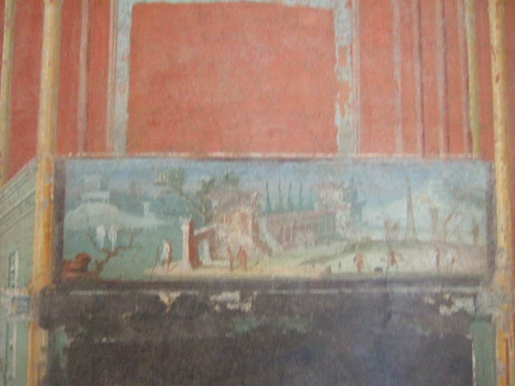 VIII.7.28 Pompeii. Zoccolo of south portico. Painting of gorgoneion between lionesses. 
Now in Naples Archaeological Museum. Inventory number 8547.
