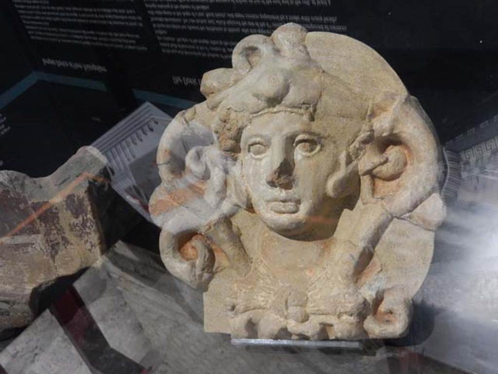 VIII.7.31 Pompeii, May 2018. Architectural antefix of a head. Female heads and heads of Minerva and Hercules alternated in the temple decoration.
Photo courtesy of Buzz Ferebee.
