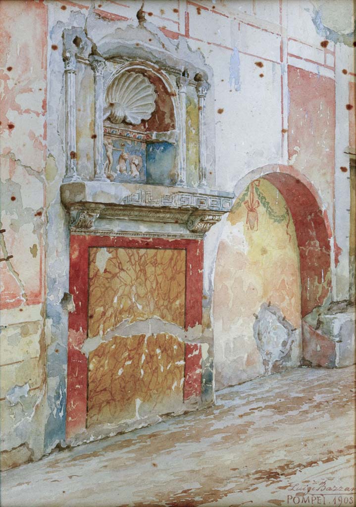 IX.1.7 Pompeii. Pre-1943. Detail from upper part of large arched niche. Photo by Tatiana Warscher.
Warscher wrote –
“A. Mau mentioned a representation of a vase/pot hanging in the niche. 
The vase has vanished; however its place can be seen as the ribbon of the bow which supported it, has been preserved.”
See Warscher, T. Codex Topographicus Pompeianus, IX.1. (1943), Swedish Institute, Rome. (no.28), p. 46.
