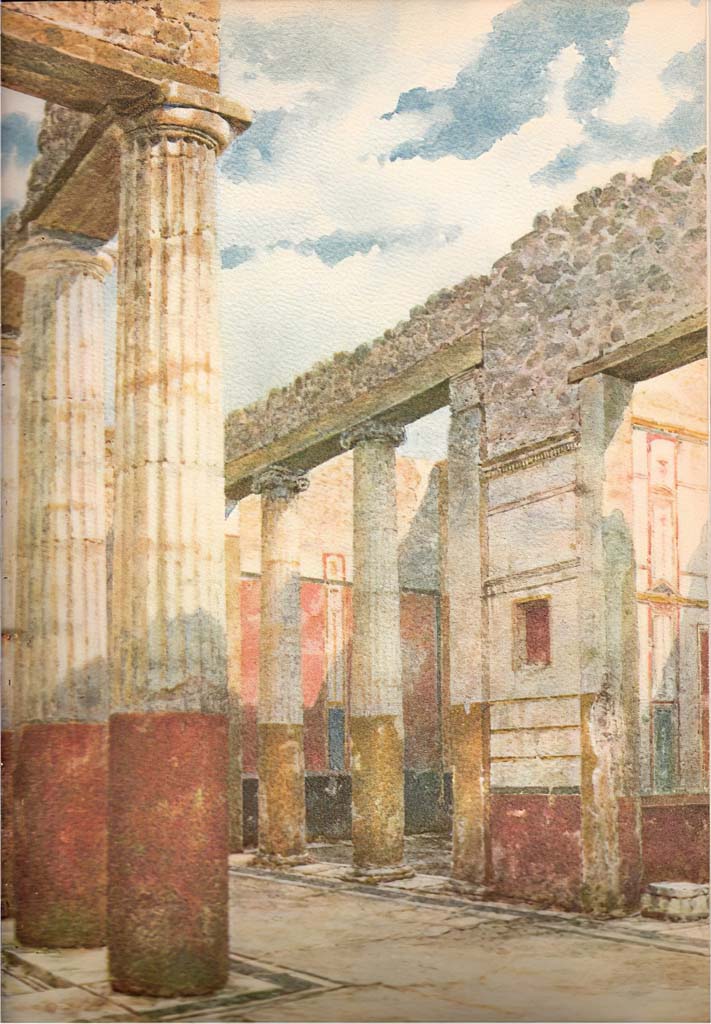 IX.1.20 Pompeii. Watercolour by Luigi Bazzani, entitled Atrium in Pompeii.
Looking north-east across atrium towards room 6, east ala, in centre.
