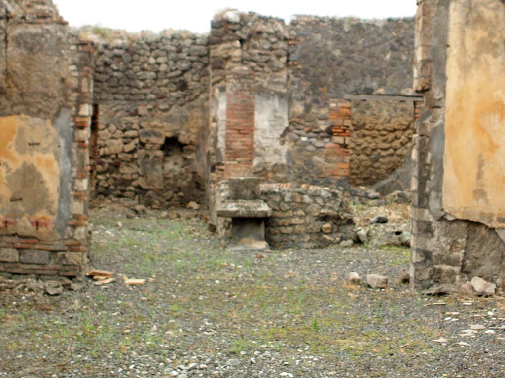 IX.2.18 Pompeii. May 2005. Looking west through tablinum to garden area.
In the west wall on either side of the doorway, the zoccolo would have been red of a geometric type with rectangular decorations.
In the centre of the yellow panels of the middle zone would have been a vignette of a flying cupid.
North of the doorway would have been a flying cupid holding up a vase/pot on her shoulder (See Sogliano, 318).
South of the doorway would have been a flying cupid holding a pyx or a box (See Sogliano, 312). 
See Sogliano, A., 1879. Le pitture murali campane scoverte negli anni 1867-79. Napoli: Giannini. (p. 58/9, nos. 312 and 318).

