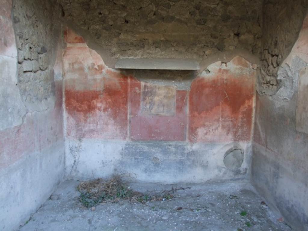 IX.2.21 Pompeii. March 2009. Room 3, west wall of ala. The floor of this room would have been cocciopesto with irregular polychrome marble tiles scattered in it. The walls would have been painted with a black dado. On the west wall the middle zone of the wall was painted as a red aedicula with a central painting, and red side panels.
