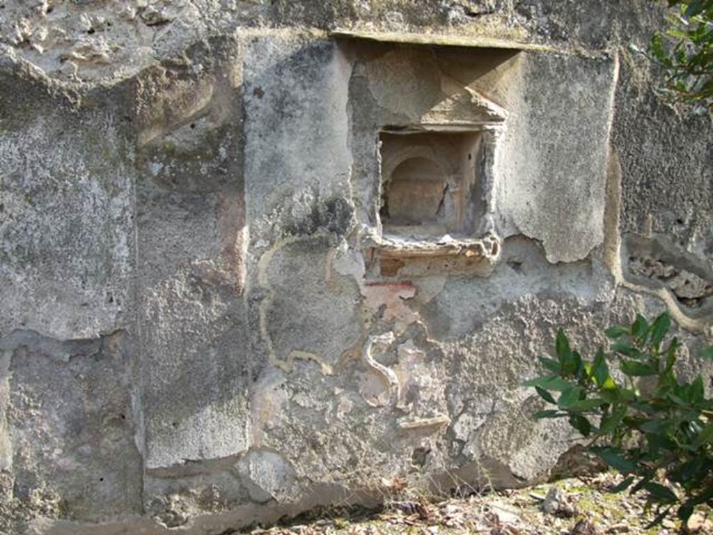 IX.2.21 Pompeii. March 2009. Room 11, aedicula shrine on south wall.    
Below the shrine there were 2 serpents and an altar in stucco.
Boyce described this as a rectangular panel of white stucco, with a square niche set into it.
See Boyce G. K., 1937. Corpus of the Lararia of Pompeii. Rome: MAAR 14. (p.81-82, no. 402 and Pl.9,1).
