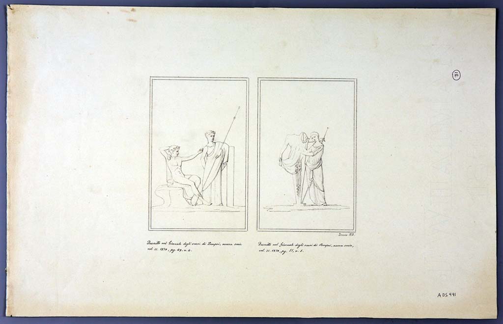 IX.2.21 Pompeii. Room 13, north wall of cubiculum.  Two drawings by Geremia Discanno, 1870, of paintings seen on the walls of this house.
The drawing on the left may be from the north wall of room 5 showing a sitting Dionysus and a standing Arianna.
The drawing on the right of a female figure standing near an archaic herm of Dionysus, from north wall of cubiculum, room 13.
Now in Naples Archaeological Museum. Inventory number ADS 991.
Photo © ICCD. http://www.catalogo.beniculturali.it
Utilizzabili alle condizioni della licenza Attribuzione - Non commerciale - Condividi allo stesso modo 2.5 Italia (CC BY-NC-SA 2.5 IT)
See Sogliano, A., 1879. Le pitture murali campane scoverte negli anni 1867-79. Napoli: Giannini. (p.52, no.243) 
See Bragantini, de Vos, Badoni, 1986. Pitture e Pavimenti di Pompei, Parte 3. Rome: ICCD. (p.424)
