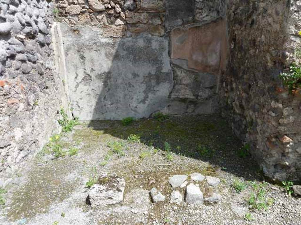 IX.3.3 Pompeii. May 2010. Remains of painted plaster on east wall of rear room.
