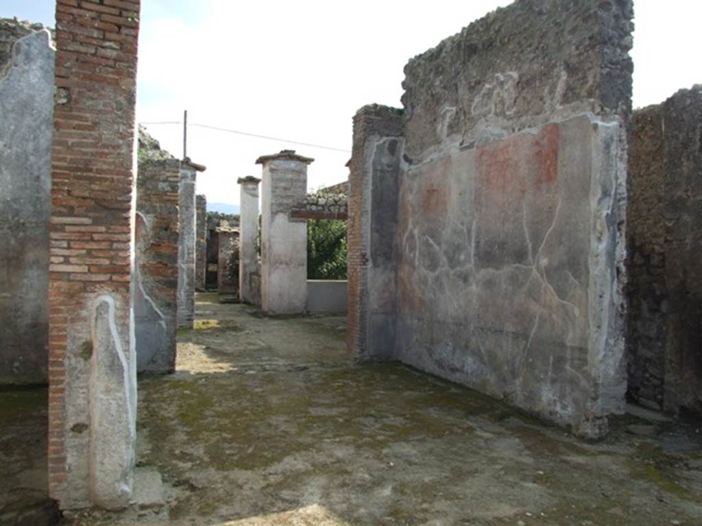 IX.3.5 Pompeii. March 2009. Room 32, west wall of tablinum. The west wall would have been painted with a black dado. In the middle zone, the narrow central compartment would have had a white background. The bordered side panels were probably red and yellow.
At the north end was a red panel, and decoration of candelabra could be seen.
See Bragantini, de Vos, Badoni, 1986. Pitture e Pavimenti di Pompei, Parte 3. Rome: ICCD. (p.444, tablino ‘33’)
