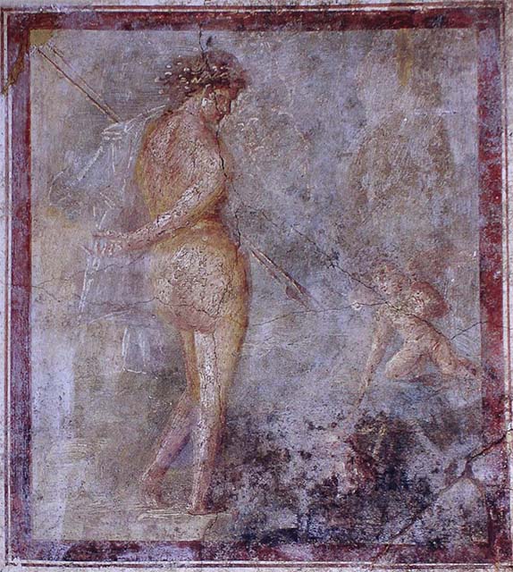 IX.3.5 Pompeii. March 2009. Room 4, wall painting of Narcissus, the centre panel of the west wall. 
Now in Naples Archaeological Museum. Inventory number 9381.

