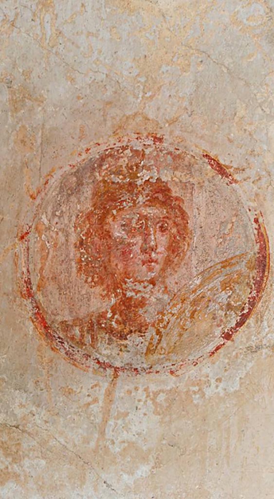 IX.3.5 Pompeii. October 2020. Room 5, west end of north wall, detail of painted medallion of Mars or Ares with shield. Photo courtesy of Klaus Heese.