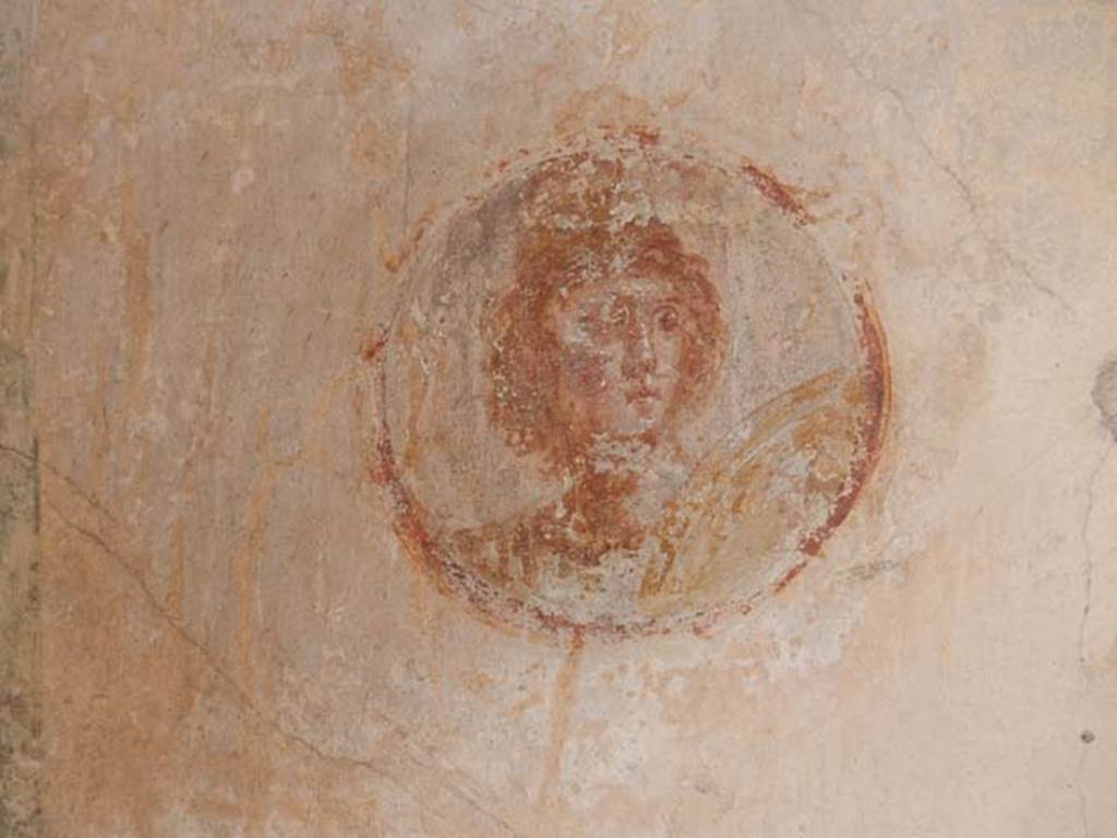 IX.3.5 Pompeii. May 2015. Room 5, west end of north wall.  Bust of Mars or Ares with shield.   Photo courtesy of Buzz Ferebee.
