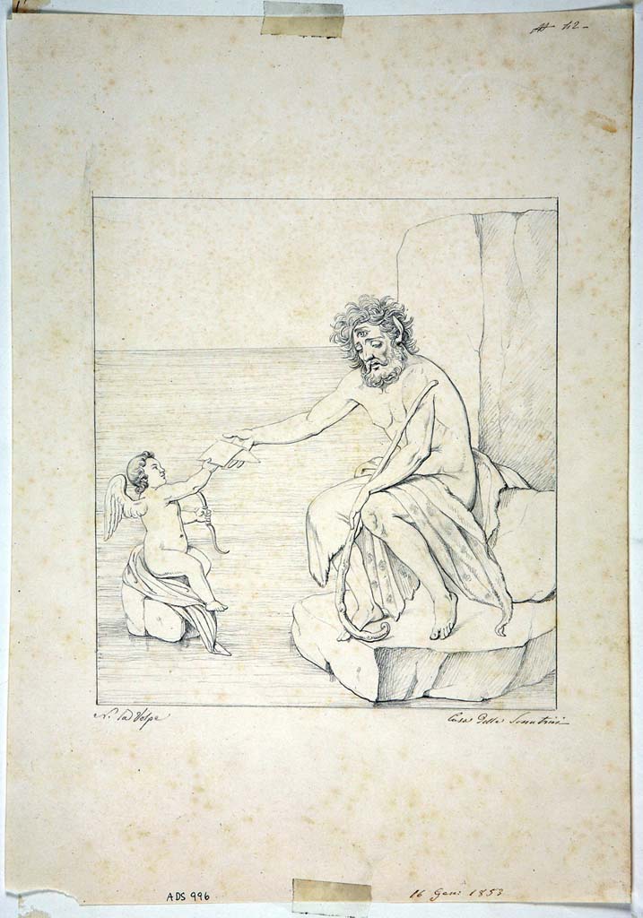 IX.3.5 Pompeii. Room 5, centre panel on east wall. Drawing by Nicola La Volpe, 16th January 1853, of the wall painting of Polyphemus receiving Galatea’s letter.
Now in Naples Archaeological Museum. Inventory number ADS 996.
Photo © ICCD. http://www.catalogo.beniculturali.it
Utilizzabili alle condizioni della licenza Attribuzione - Non commerciale - Condividi allo stesso modo 2.5 Italia (CC BY-NC-SA 2.5 IT)
