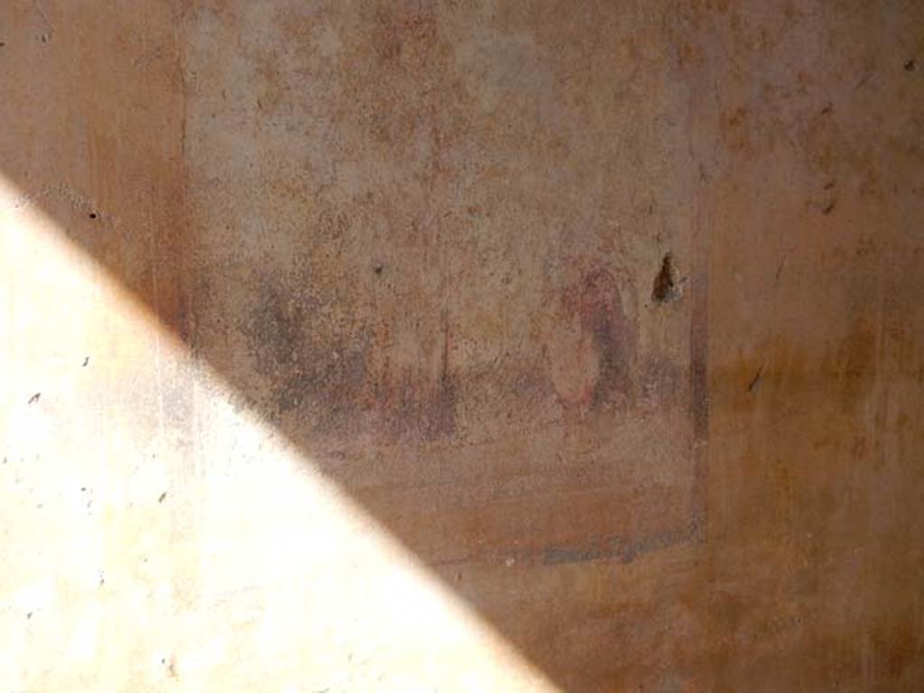 IX.3.5 Pompeii. May 2015. Room 6, remains of central painting from west wall of ala.
Although this painting is not now comprehensible, it has been identified as a tragedy scene by the mask that was seen on the female figure, on the left.
Photo courtesy of Buzz Ferebee.
