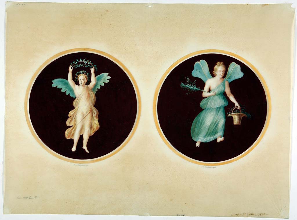IX.3.5 Pompeii. Painting by Michele Mastracchio, of two painted medallions seen on the walls of room 13. 
The one on the left, a Psyche or Cupid with a crown of ivy, was located at the north end of the west wall. (Helbig 835)
The one on the right, a Psyche with a basket of flowers, was located at the west end of the south wall. (Helbig 839)
Now in Naples Archaeological Museum. Inventory number ADS 1049.
Photo © ICCD. http://www.catalogo.beniculturali.it
Utilizzabili alle condizioni della licenza Attribuzione - Non commerciale - Condividi allo stesso modo 2.5 Italia (CC BY-NC-SA 2.5 IT)
Both of these original medallions were detached and taken to Naples Archaeological Museum, inventory numbers 9345 and 9346.
