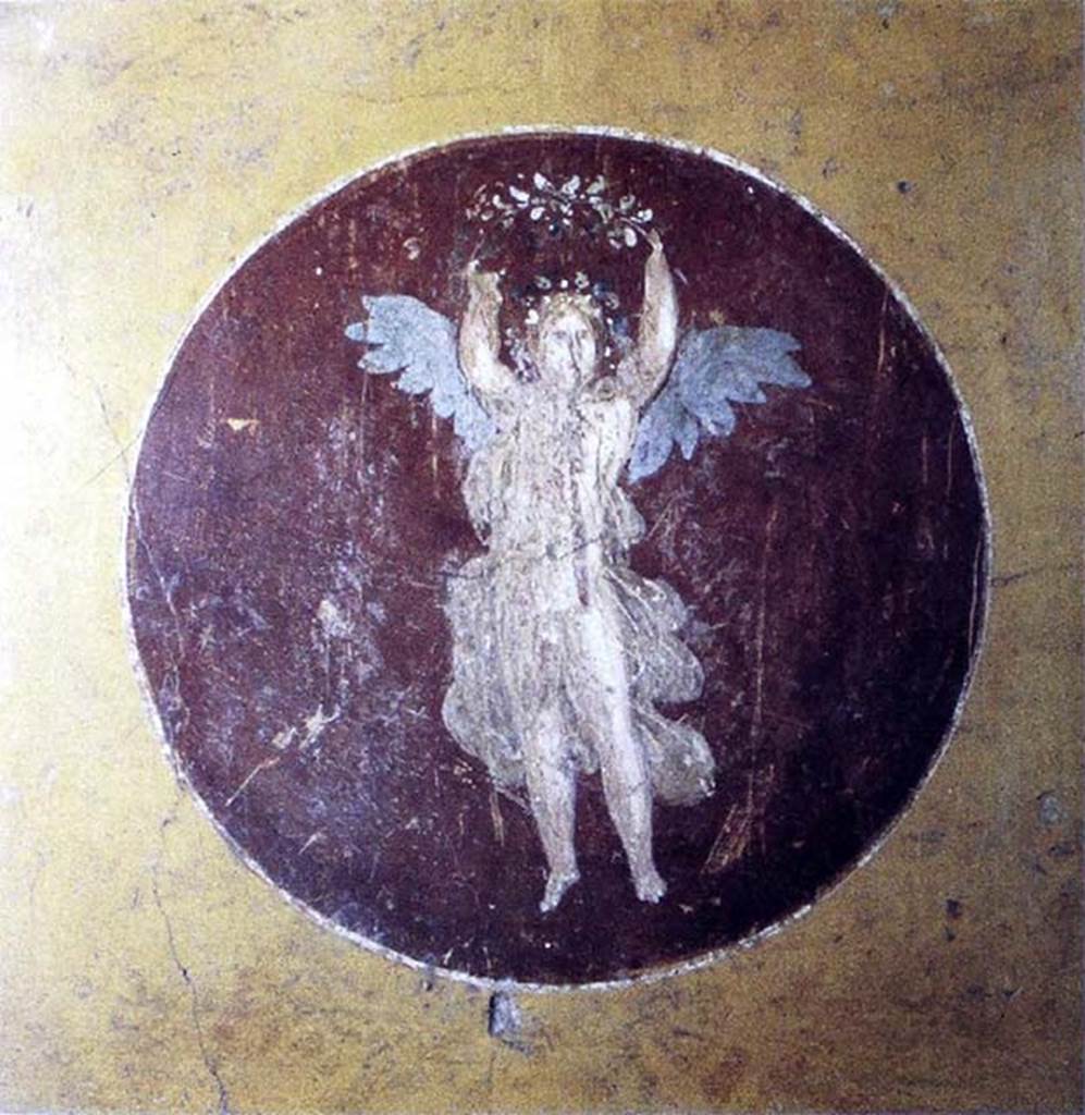 IX.3.5 Pompeii. Painted medallion from room 13. Psyche or Cupid with a crown of ivy, from the north end of the west wall. 
Now in Naples Archaeological Museum. Inventory number 9346.
See Helbig, W., 1868. Wandgemälde der vom Vesuv verschütteten Städte Campaniens. Leipzig: Breitkopf und Härtel, 835.
