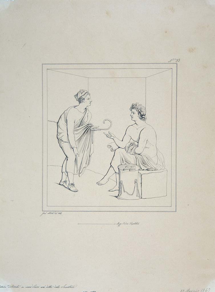 IX.3.5 Pompeii. Room 13, west wall, centre panel. Drawing by Giuseppe Abbate, 1847.
Copy of painting of a seated poet, on the right, talking with an actor who has a comic mask on his head. 
Now in Naples Archaeological Museum. Inventory number ADS 1082.
Photo © ICCD. http://www.catalogo.beniculturali.it
Utilizzabili alle condizioni della licenza Attribuzione - Non commerciale - Condividi allo stesso modo 2.5 Italia (CC BY-NC-SA 2.5 IT)

