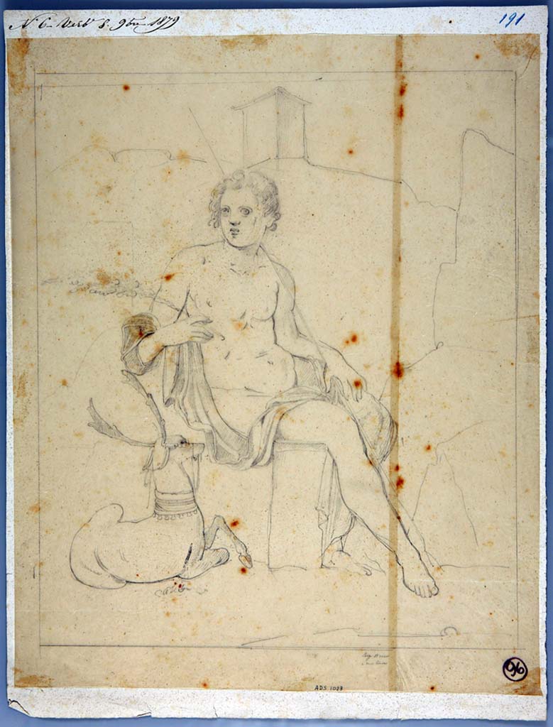 IX.3.5 Pompeii. Room 15. Drawing by Giuseppe Abbate, of painting of Cyparissus and deer from south wall.
Now in Naples Archaeological Museum. Inventory number ADS 1023.
Photo © ICCD. http://www.catalogo.beniculturali.it
Utilizzabili alle condizioni della licenza Attribuzione - Non commerciale - Condividi allo stesso modo 2.5 Italia (CC BY-NC-SA 2.5 IT)
