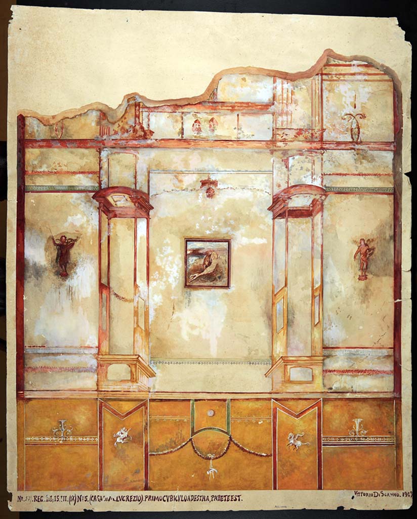 IX.3.5 Pompeii. Room 16, east wall. Painting by Vittorio Discanno, 1909, showing the wall decoration on the east wall of cubiculum.
Now in Naples Archaeological Museum. Inventory number ADS 1005.
Photo © ICCD. http://www.catalogo.beniculturali.it
Utilizzabili alle condizioni della licenza Attribuzione - Non commerciale - Condividi allo stesso modo 2.5 Italia (CC BY-NC-SA 2.5 IT)
