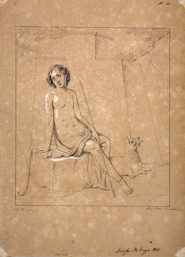 IX.3.5 Pompeii. Room 16. Drawing by Nicola La Volpe, May 1853, of painting of Endymion, from centre of west wall. 
Now in Naples Archaeological Museum. Inventory number ADS 1016.
Photo © ICCD. http://www.catalogo.beniculturali.it
Utilizzabili alle condizioni della licenza Attribuzione - Non commerciale - Condividi allo stesso modo 2.5 Italia (CC BY-NC-SA 2.5 IT)
