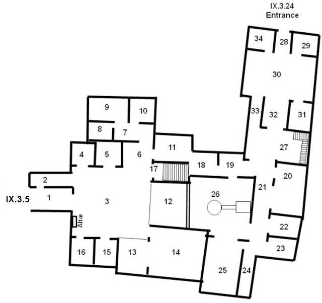 IX.3.5 and IX.3.24 Pompeii. House of M. Lucretius or Casa delle Suonatrici
Combined Room Plan