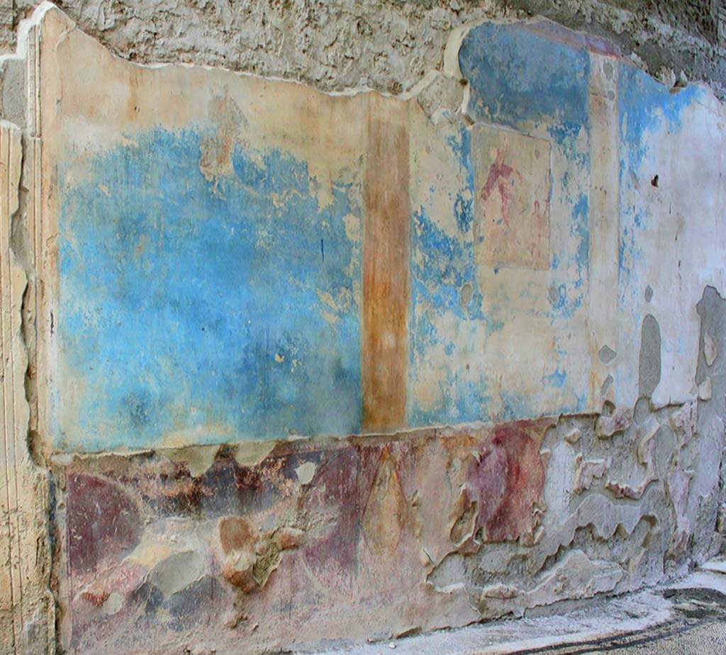 IX.3.5 Pompeii. 2019. Room 1, south wall of entrance corridor/fauces, looking west from east end. Fresco in Fourth style.
Photo courtesy of Davide Peluso.
