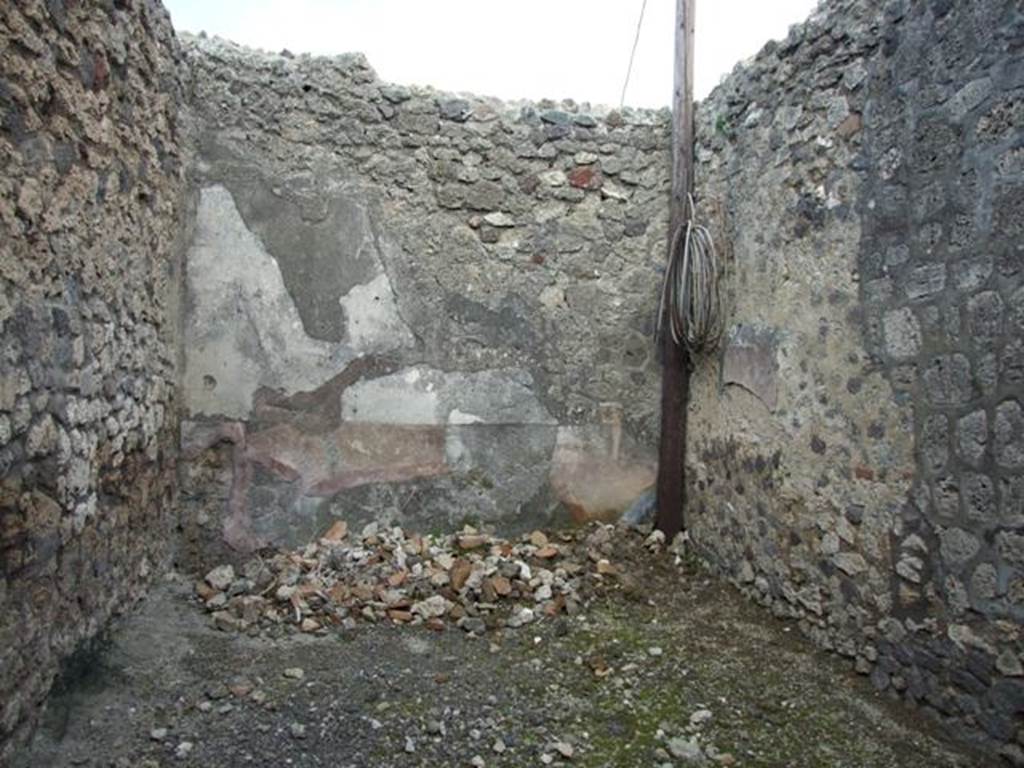 IX.3.15 Pompeii. March 2009. Room 10, looking east. The decoration of the east wall was a high zoccolo/plinth of cocciopesto, and the middle zone of the walls would have been white. 
