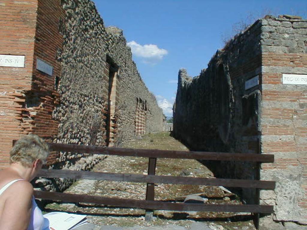 IX.4.9 Pompeii. September 2004. Central Baths and unnamed vicolo, looking east.  