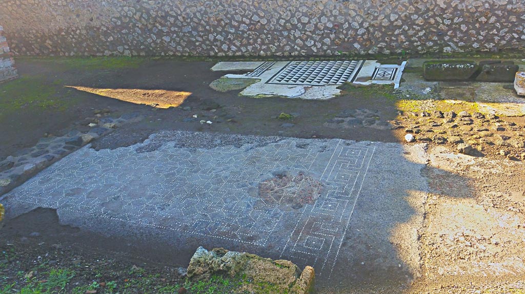 IX.4.18 Pompeii. December 2019.
Mosaic flooring from earlier buildings, before the building of the Central Baths. Photo courtesy of Giuseppe Ciaramella.
