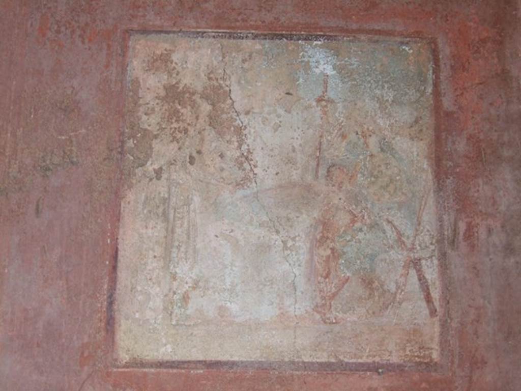 IX.5.6 Pompeii. December 2007. Room 10, tablinum. Wall painting on east wall. According to Schefold, the wall painting in the centre of the east wall was Diana and Callisto.  See Schefold, K., 1957. Die Wande Pompejis. Berlin: De Gruyter. (p. 254) See Sogliano, A., 1879. Le pitture murali campane scoverte negli anni 1867-79. Napoli: (p.30, no.119)
