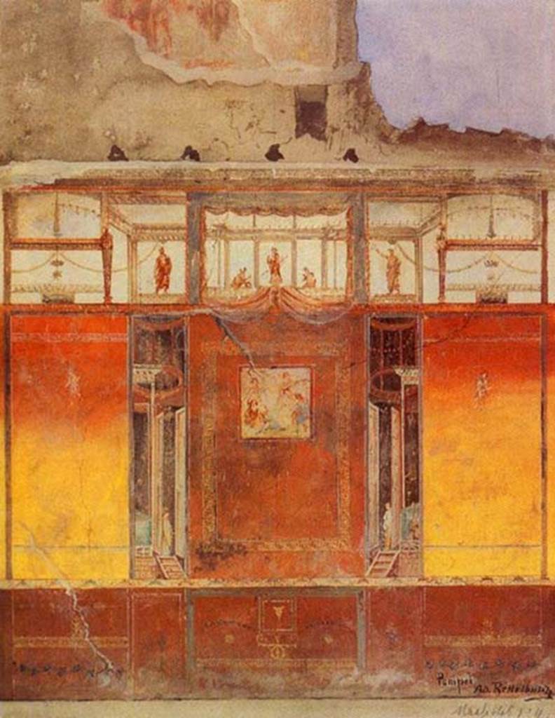 IX.5.6 Pompeii. Room 10, tablinum, west wall with painting of Paris and Oinone in the centre. 1886 painting by Alfred Rettelbusch. Photo courtesy of  Kulturhistorisches Museum Magdeburg.