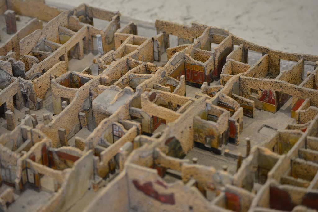 IX.5.6 Pompeii, in centre. July 2017. Looking north-west across insula towards decorated rooms around atrium. 
From cork model in Naples Archaeological Museum.
Foto Annette Haug, ERC Grant 681269 DÉCOR.
