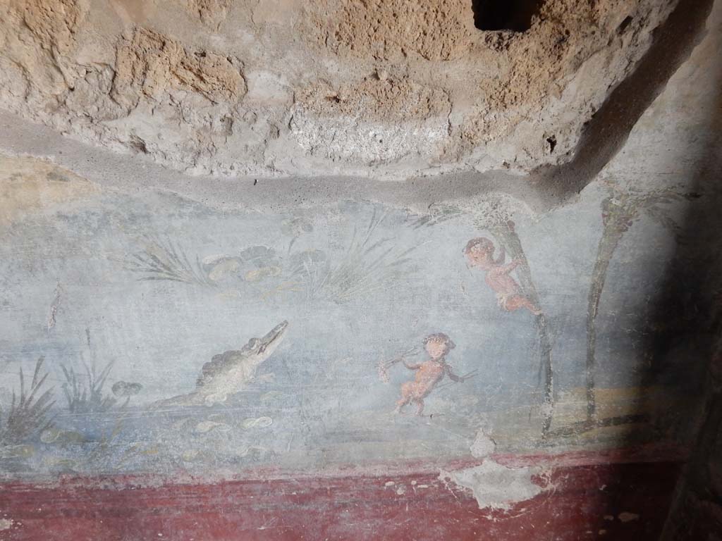 IX.5.9 Pompeii. June 2019. 
Room 8, north wall at east end, showing a pygmy climbing a palm tree trying to escape the crocodile. 
Photo courtesy of Buzz Ferebee.

