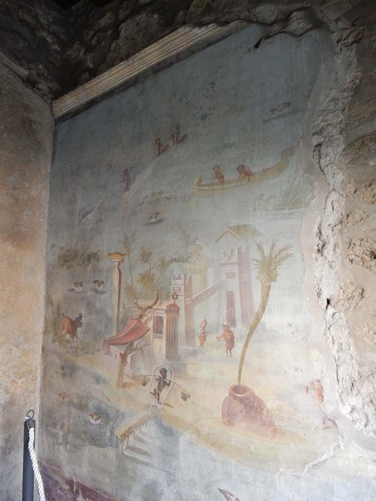IX.5.9 Pompeii. June 2019. Room 8, north wall at west end, wall painting of pygmies and a river scene.
Photo courtesy of Buzz Ferebee.
