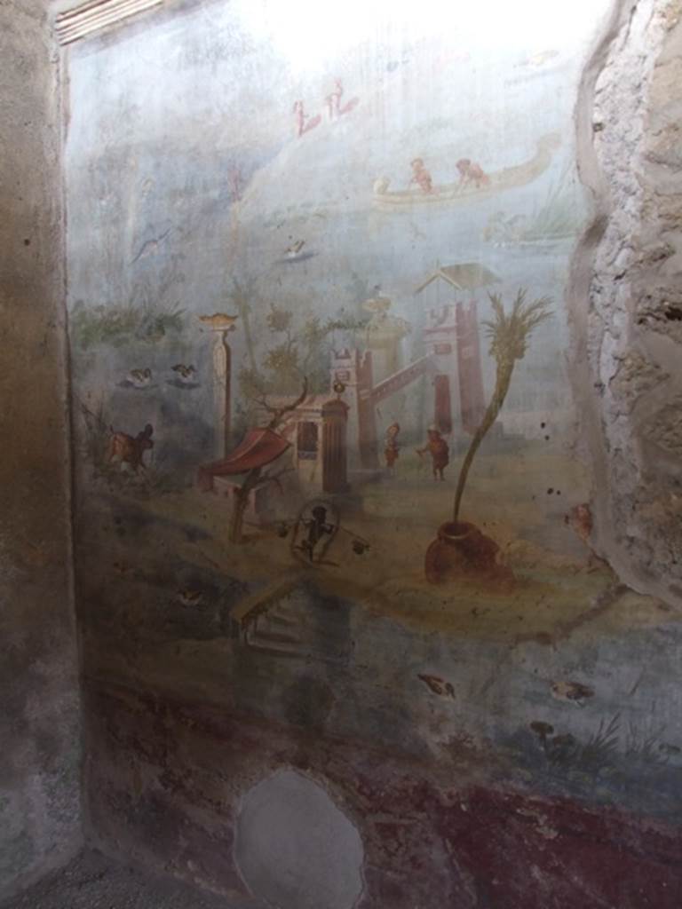 IX.5.9 Pompeii. December 2007. Room 8, north wall at west end, wall painting of pygmies and a river scene.
