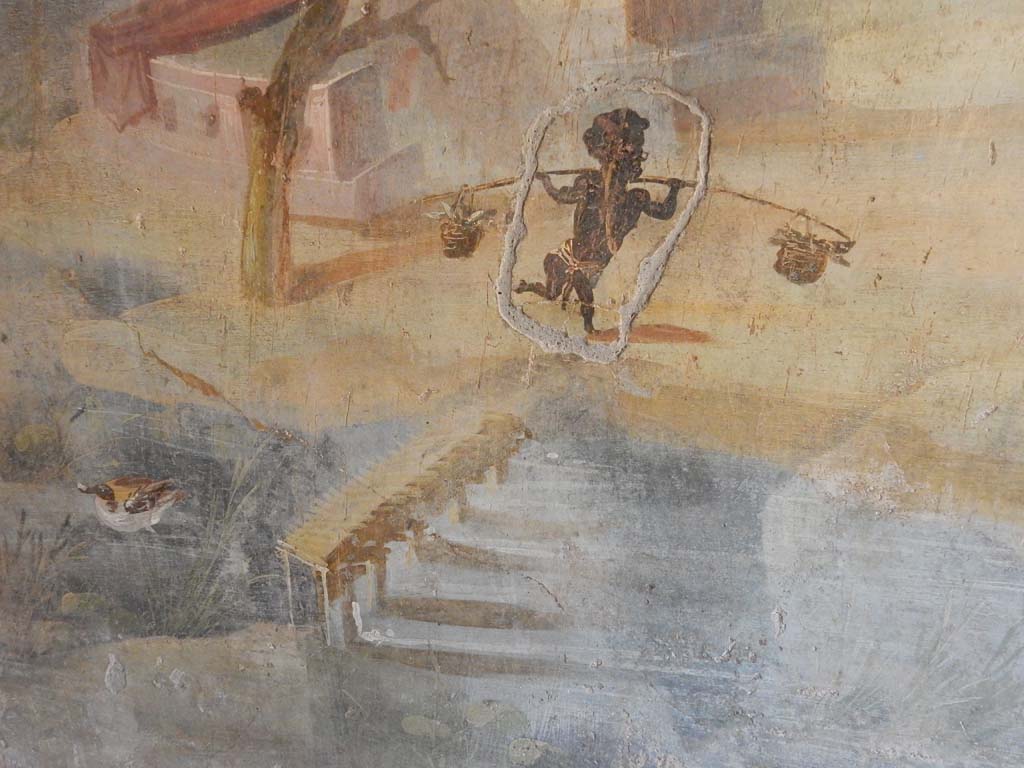 IX.5.9 Pompeii. June 2019. Room 8, detail of pygmy from north wall. Photo courtesy of Buzz Ferebee.