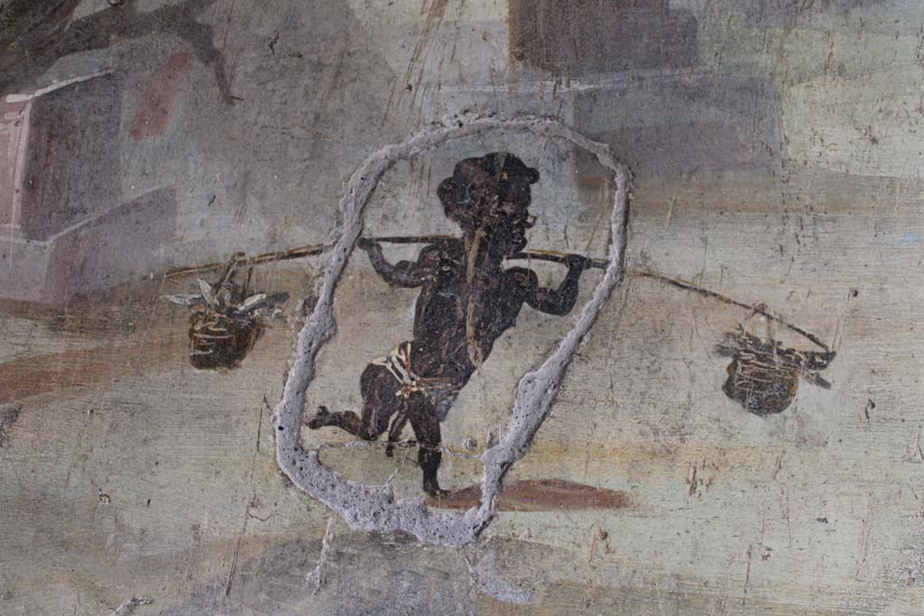 IX.5.9 Pompeii. May 2019. Room l (L), detail of pygmy from west end of north wall.  
Foto Christian Beck, ERC Grant 681269 DCOR.

